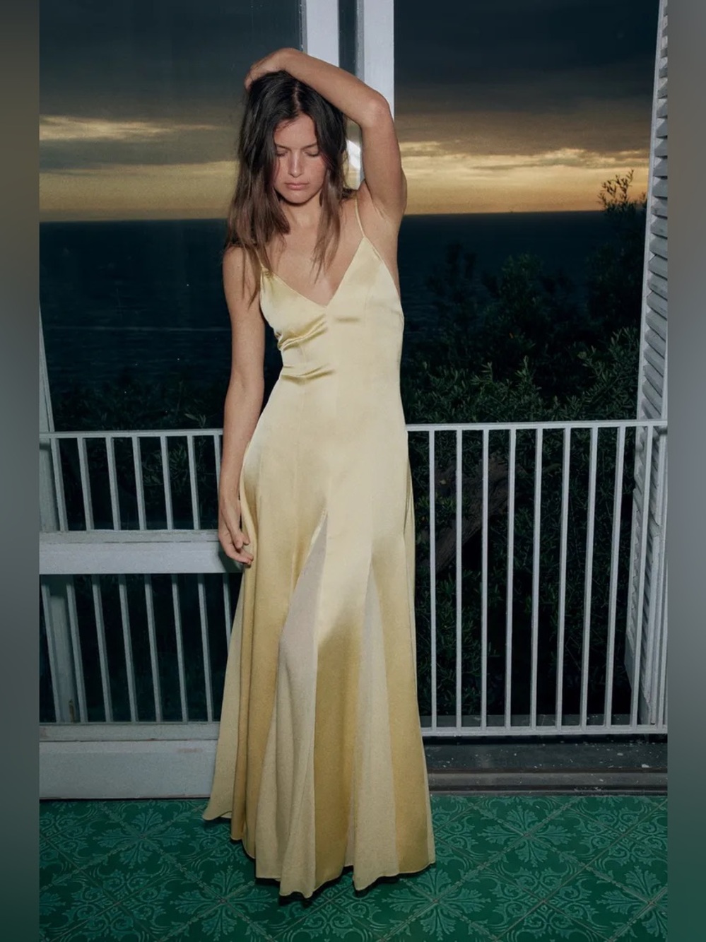 Zara Satin Slip Maxi Dress in Pale Yellow